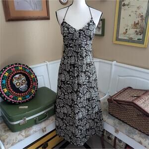 2000s Ann Taylor Babydoll Floral Wooden Bead Halter Dress